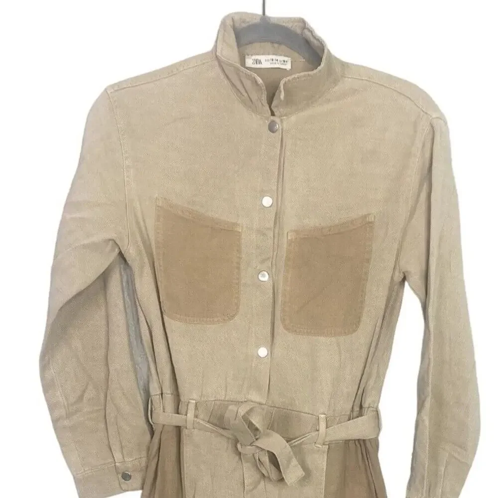 Zara Junior Cuffed Jumpsuit Belted Long Sleeve Pockets One piece 13-14 Tan Beige